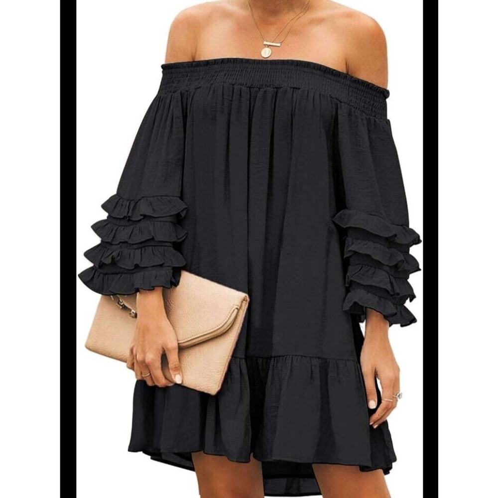 Zanzea Collection Off Shoulder Dress Medium Black Bell 3/4 Ruffle Sleeve